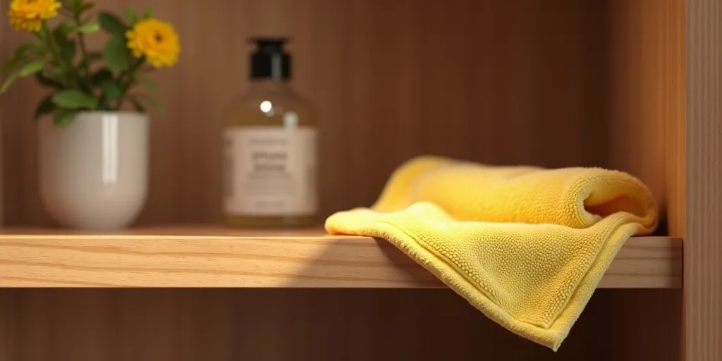 What should you do before applying a cleaning solution to wood shelves?