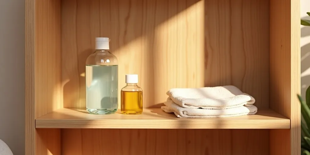 How can you test a cleaning solution on wood shelves?