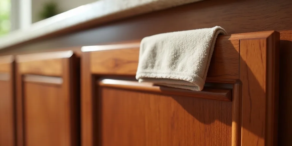 What is the first step to clean cherry wood kitchen cabinets?