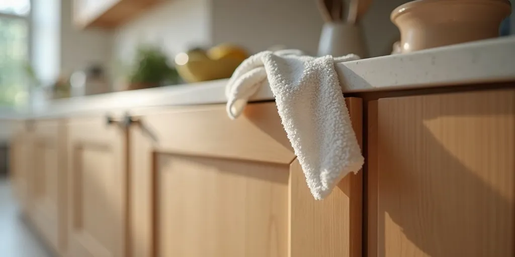 What is the first step to clean painted wood kitchen cabinets?