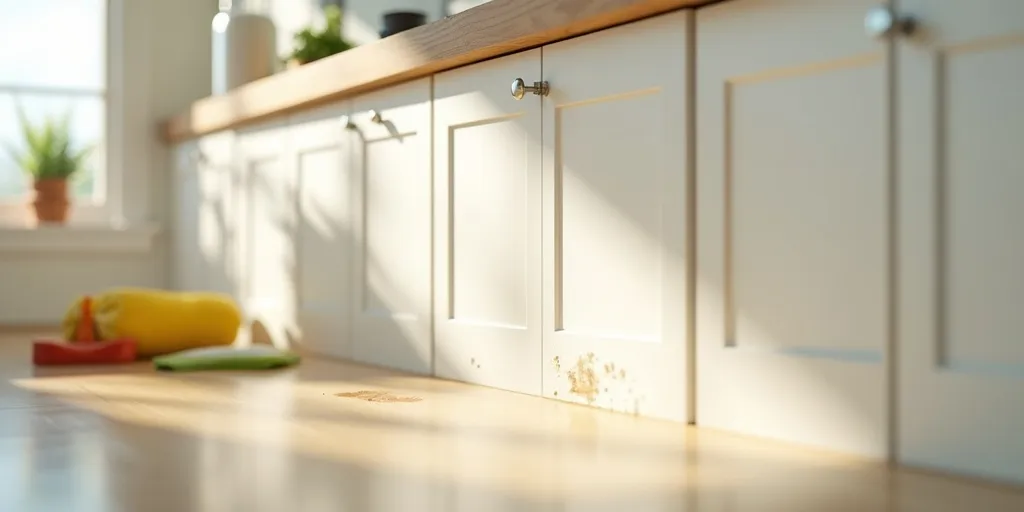 How can you remove stubborn stains from painted wood kitchen cabinets?