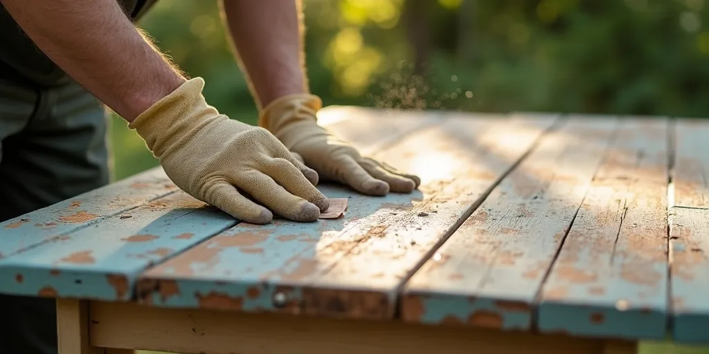 What is the first step in preparing an old wooden garden table for painting?
