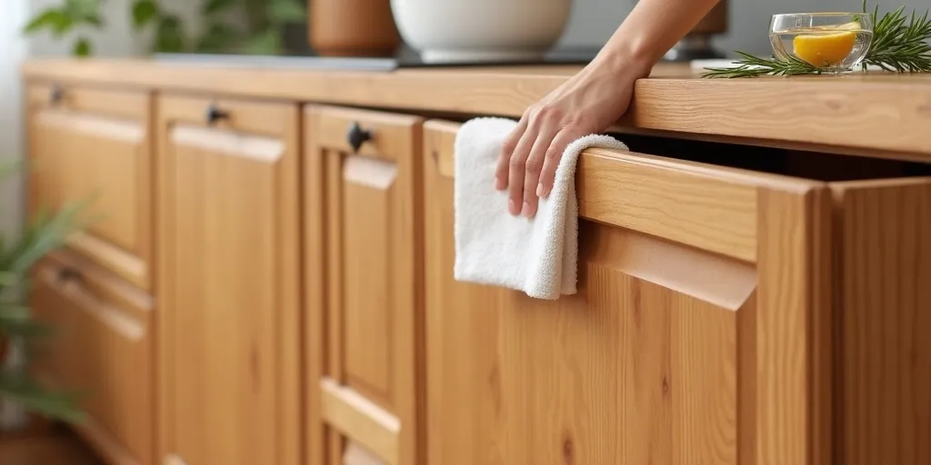 What gentle cleaning methods are recommended for wood kitchen cabinets?