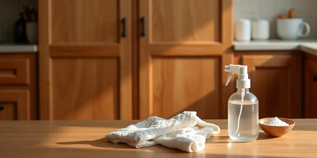 How can you remove tough stains from wood cabinets without causing damage?