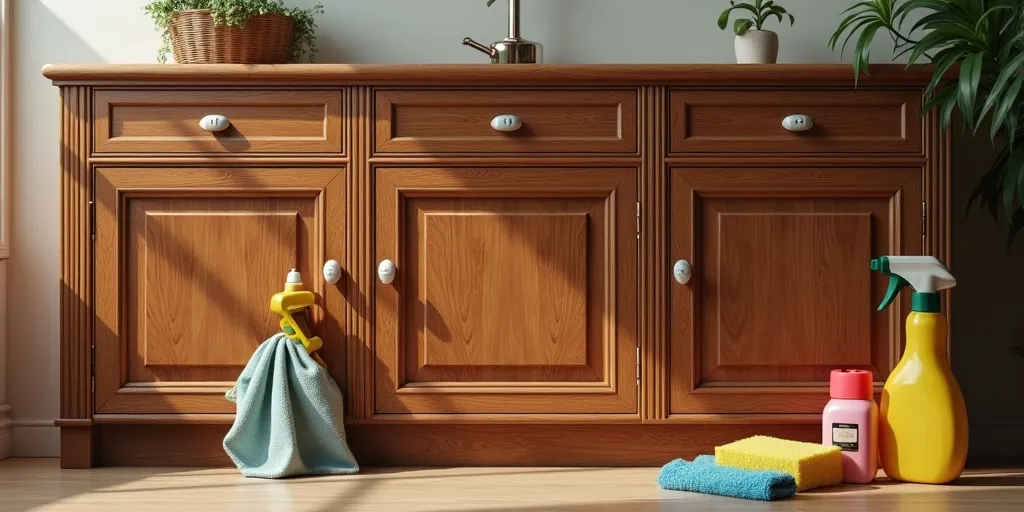 What should you avoid using on wood cabinets to prevent dulling the finish?