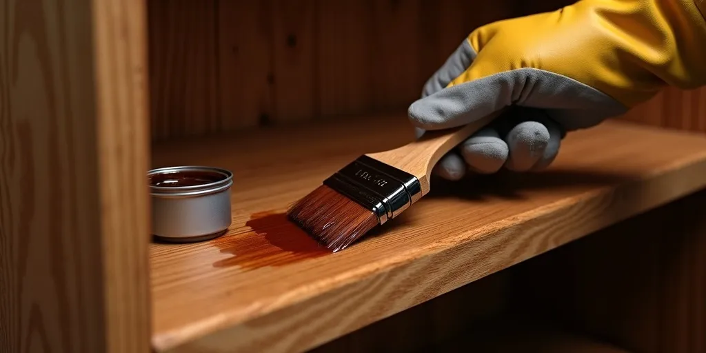 How do you apply wood stain to shelves?