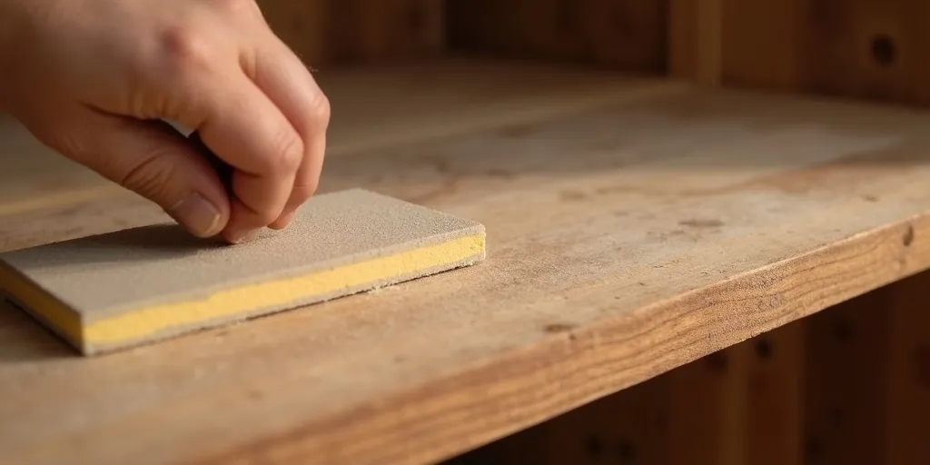How do you properly sand wood shelves for refinishing?