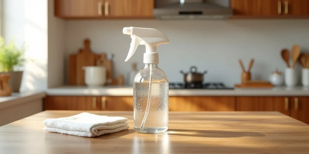 What is the recommended solution for cleaning wood kitchen cabinets with vinegar?