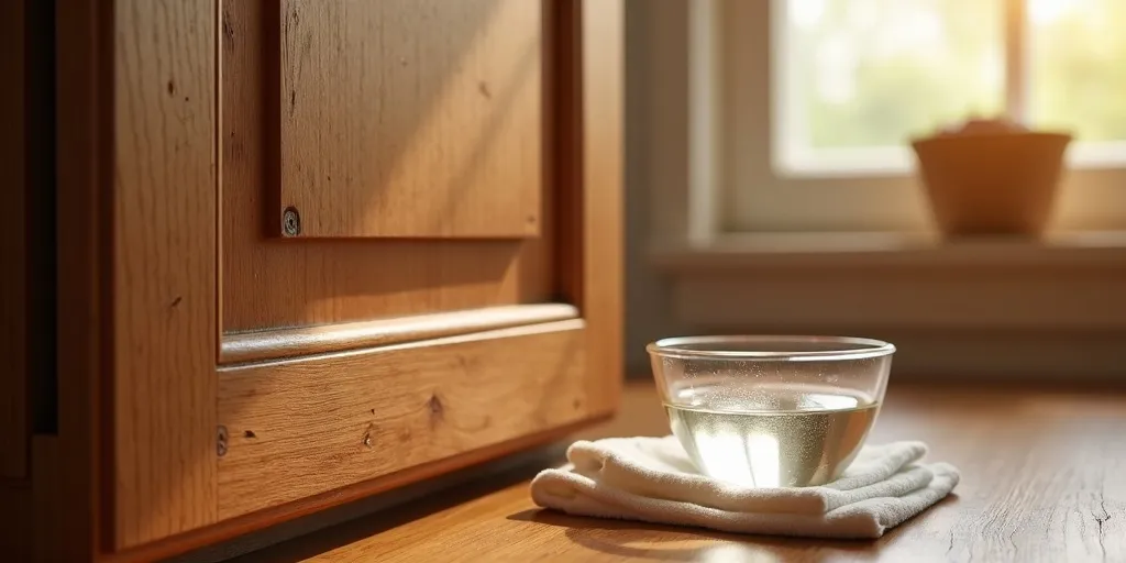 How can vinegar help remove grease and grime from wood kitchen cabinets?