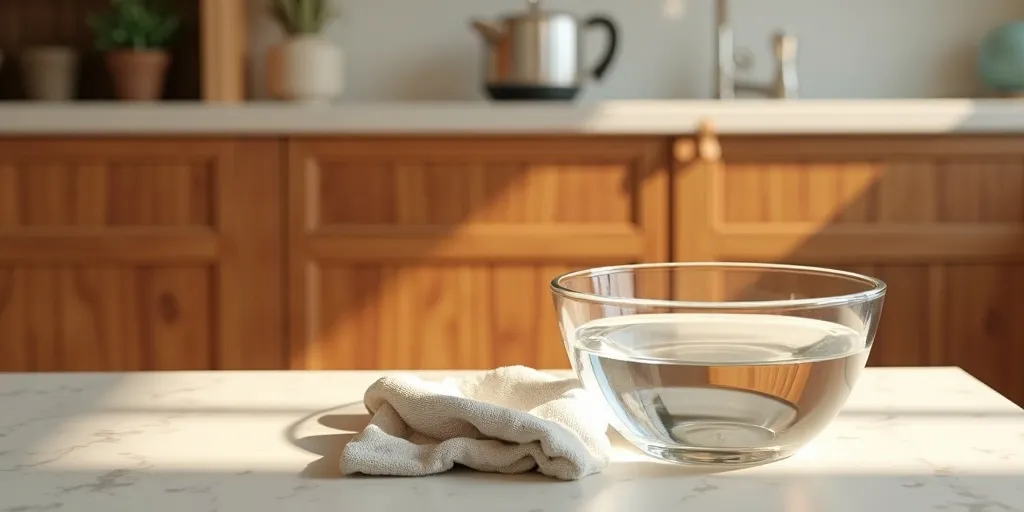 What should be avoided when cleaning wood kitchen cabinets with vinegar?