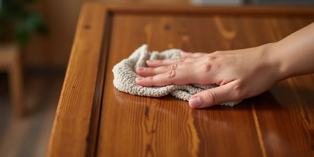 Why is it important to dry wood kitchen cabinets thoroughly after cleaning with vinegar?