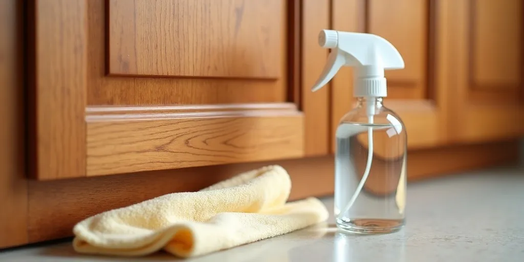 What solution can be used to clean oily wood kitchen cabinets?