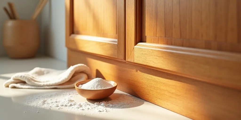 How can baking soda help remove stubborn grease stains from wood cabinets?