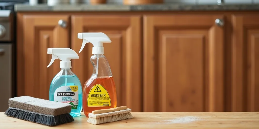 What should be avoided when cleaning oily wood kitchen cabinets?
