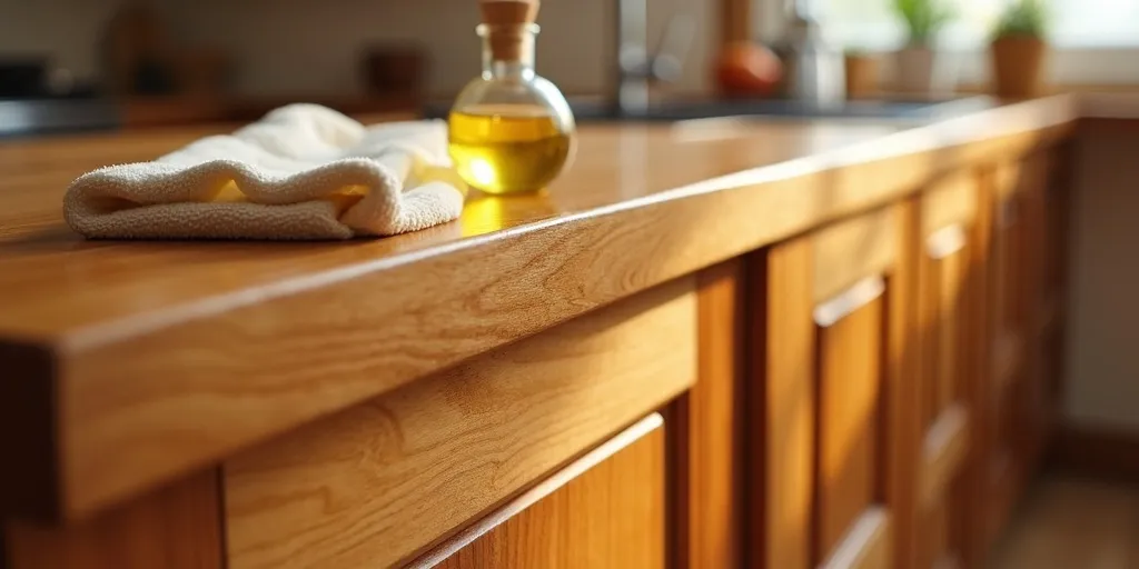How can wood polish or lemon oil help maintain the finish of kitchen cabinets?