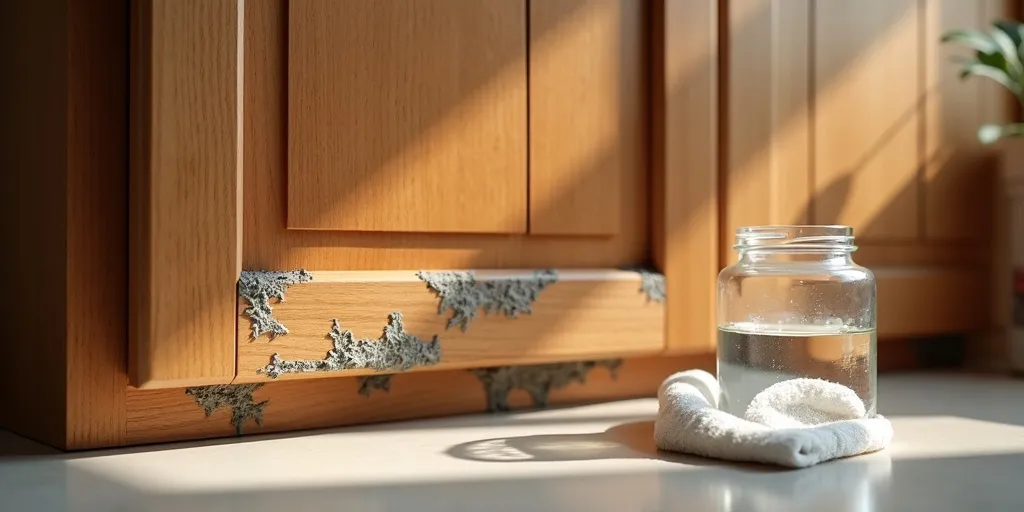 What solution can be used to clean mold off wood cabinets?
