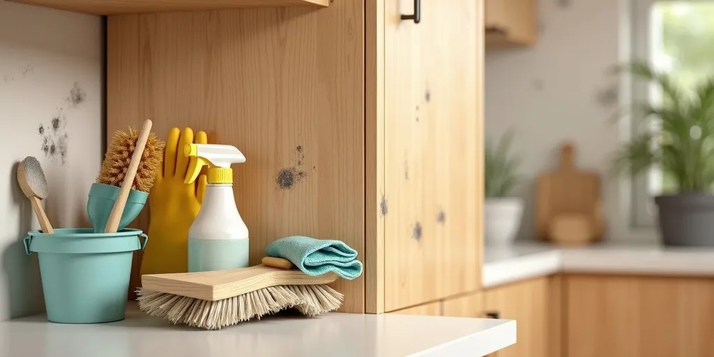 What tools can be used to scrub mold off wooden cabinets?