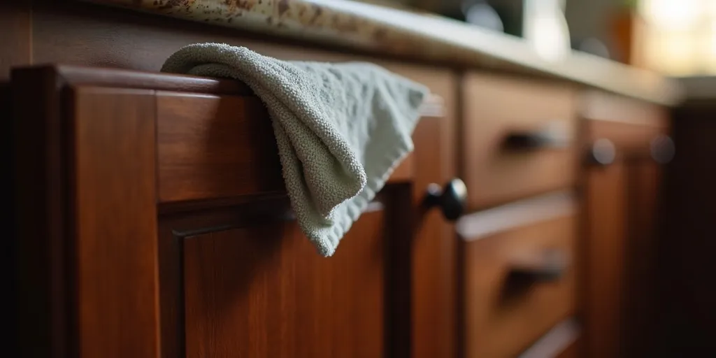 What is the first step to clean dark wood kitchen cabinets?