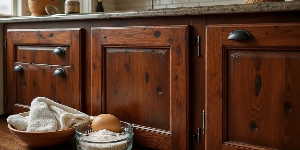 How can you remove stubborn stains from dark wood kitchen cabinets?