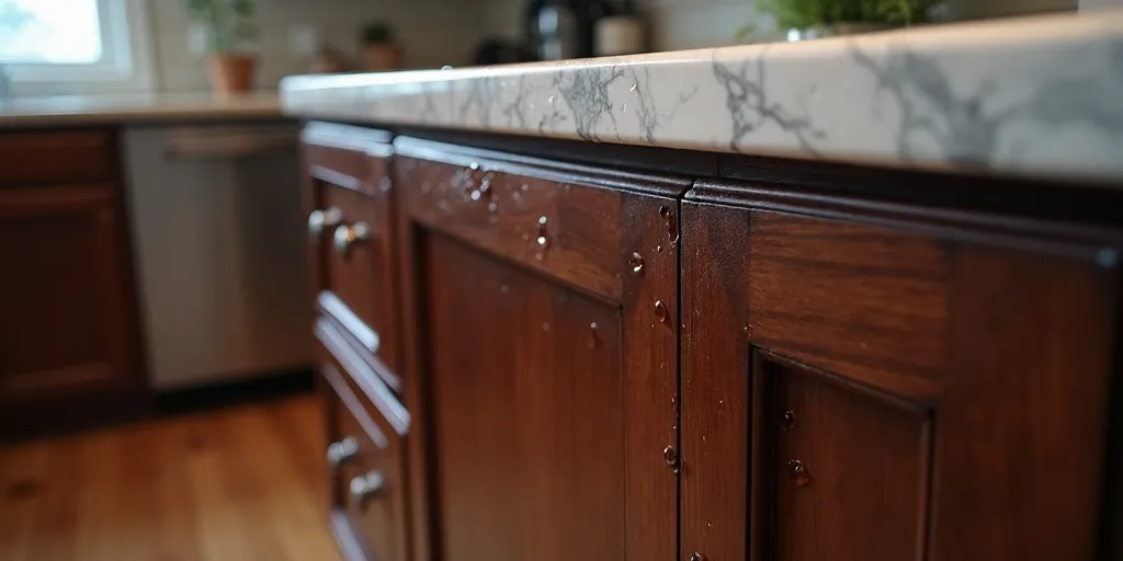 Why is it important to dry dark wood kitchen cabinets thoroughly after cleaning?